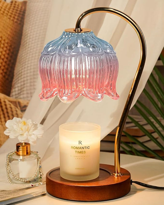 Funistree Flower Candle Warmer Lamp with Timer, Dimmable Candle Lamp Warmer, Christmas Birthday Gifts for Women Mom Her, Housewarming Home Decor, Lotus Wax Warmer for Yankee Candles - Blue&Pink