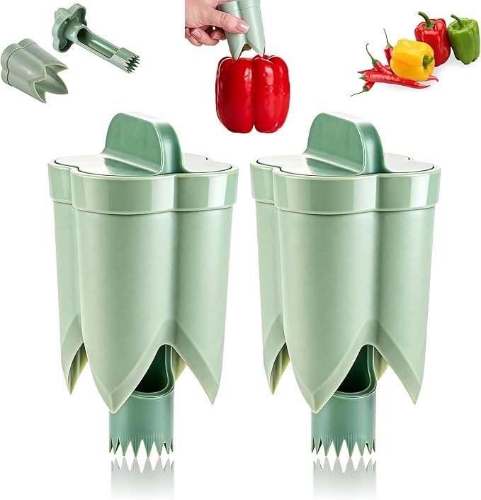 2PCS Pepper Corer,Chili Seed Remover Tool,Durable ABS Kitchen Gadget for Bell & Chili Peppers, 2-in-1 Design, Easy Twist Use, Ideal for Home Cooking, Camping(Green)