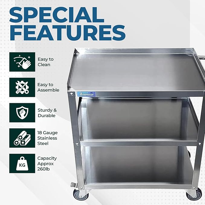 Commercial Stainless Steel 3-Shelf Utility Kitchen Cart – 28" x 18" x 33" | Rolling Metal Storage Cart with Casters for Restaurant, Kitchen, Garage