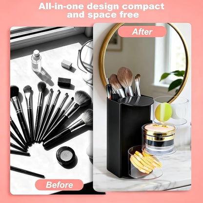 Luscinia Hair Accessories Organizer with Hair Brush Holder, Rotatable Makeup Brush and Jewelry Storage Box for Hair Clips, Earrings, Necklaces, Bracelets, Rings, and Daily Accessories (Black, 3-Layer)