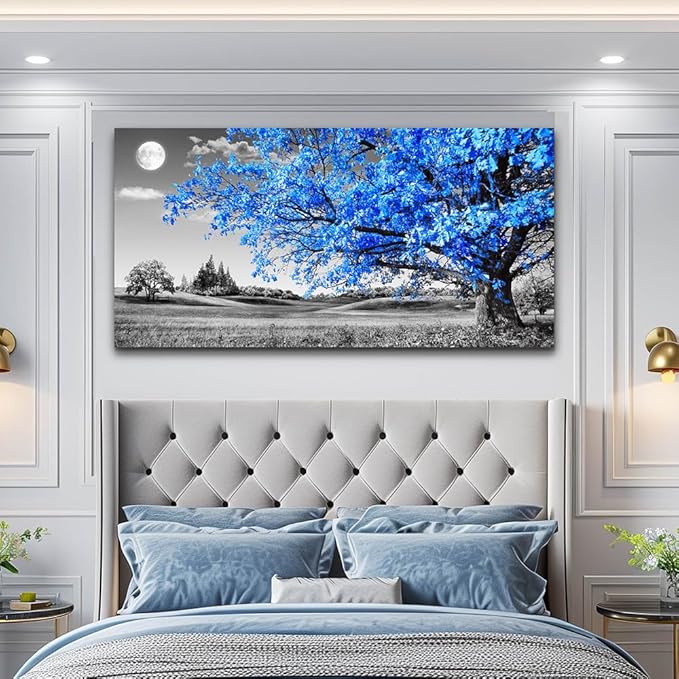 large wall art for living room Blue moon tree landscape Abstract painting office bedroom Wall Decor 30" x 60" single Pieces Canvas Prints Ready to Hang for Home Decoration Black and white Works of art