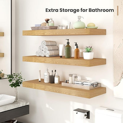 Heimlove 24 x 12 Inch Deep Floating Shelves Wall Mounted with Invisible Brackets,Storage Hanging Shelf for Wall Decor in Bathroom, Bedroom, Toilet, Kitchen, Living Room, Office Set of 2 (Oak)
