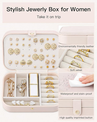 VLANDO Travel Jewelry Case, PU Leather Travel Jewelry Box with Earring Holder, Portable Display Small Jewelry Box for Mothers Day Women Girls Gift - Pink