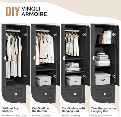 VINGLI Armoire Wardrobe Closet with Doors, 38" W Armoire Wardrobe Cabinet with Drawers and Hanging Rod, Black Wood Bedroom Armoires, 21" D x 38" W x 65" H