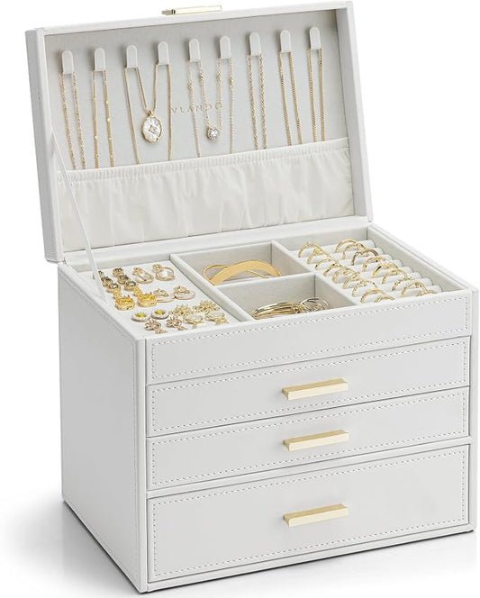 VLANDO 4 Layer Large Jewelry Box - Jewelry Holder Organizer, Jewelry Box Organizer for Drawer Necklace Ring Bracelet and Watch, Birthday Gift for Loved Ones - White