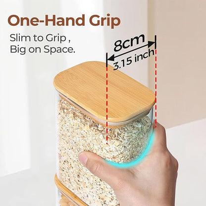 ComSaf 1.8Qt Rectangular Glass Food Storage Containers with Lids, 3-Piece Airtight Cereal Containers Storage, Glass Jars with Bamboo Lids, Space Saving Pantry Organizers for Flour, Pasta, Nut & Coffee