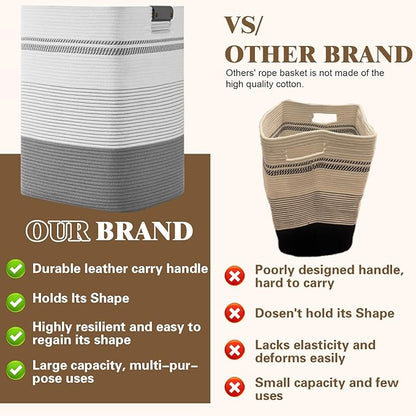 Degeyoyo Laundry Hamper, 85L Tall Laundry Basket with Leather Handles, Rectangle Large Clothes Hamper for Organizing, Cotton Woven Laundry Baskets Storage Hampers for Bedroom, Nursery, Living Room