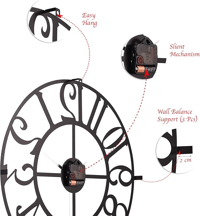muyika Large Metal Wall Clock | 20 inch Size Silent Battery Operated Large Size Analog Black Wall Clocks | Modern Wall Decor for Living Room Bedroom Kitchen Home Office