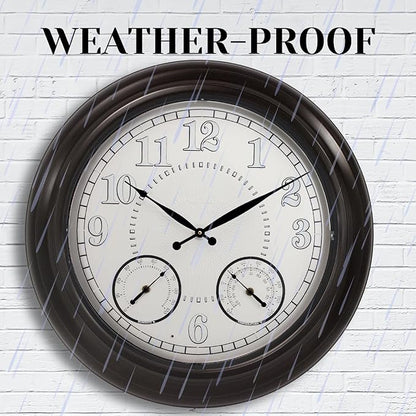 24 inch Illuminated Outdoor Clock for Patio, Waterproof with Thermometer - Large Night Light Wall Clock with Smart LED Sensor, Temperature and Humidity - Weatherproof & Easy to Read for Patio & Home