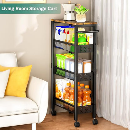 Vivihomety Utility Slim Storage Cart with Wheels, 4 Tier Small Rolling Cart with Wood Top, Metal Kitchen Bathroom Laundry Room Organization Trolley with Handle for Narrow Space – Black