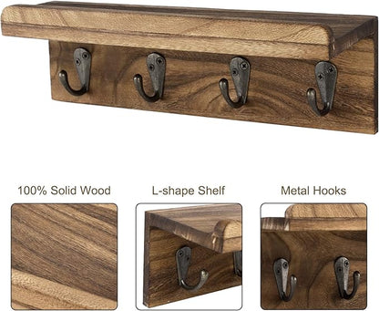Rustic Key Holder for Wall, Farmhouse Wall Shelf with 4 Hooks, Wall Mounted Key Racks, Wooden Mail Organizer with Hooks for Entryway (Brown)