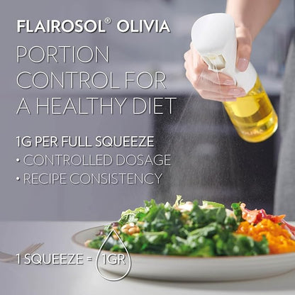 OLIVIA SIGNATURE Advanced Kitchen Oil Sprayer with Flairosol Technology, Fine Mist & Portion Control, Refillable Glass Olive Oil Cooking Spray Bottle for Air Fryer, Salad, BBQ, 130ml (Gold Print)