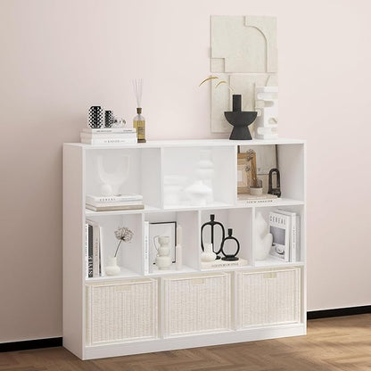Wooden 10 Cube Book Shelf with Base,3 Tier Freestanding Horizontal Bookshelf, Open Bookcase Cube Shelf Storage Organizer for Bedroom, Living Room, Office, Study Room, White