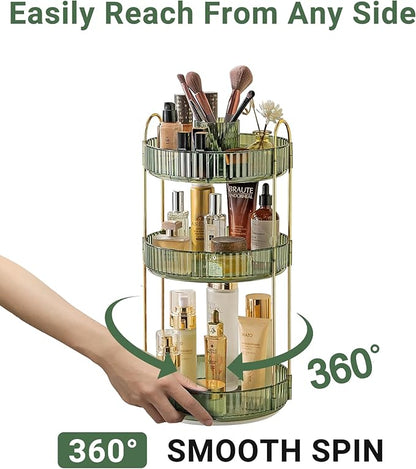 360 Rotating Makeup Organizer,3 Tier Large Capacity Make Up Organizers and Storage,Skincare Perfume Vanity Organizers,Bathroom Cosmetics Storage Organizer Countertop (Green)