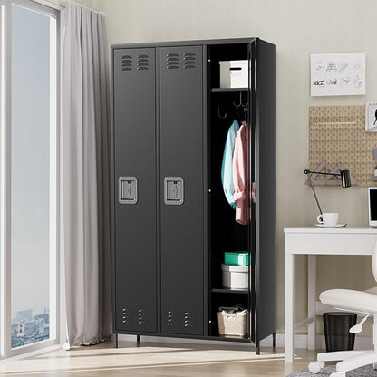 Metal Storage Locker with 3 Doors, Metal Locker for Employees with 9 Hooks for Garage School Office Gym Home, Assembly Required, Black
