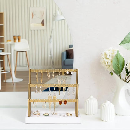 SANY DAYO HOME 3-Tier Earring Holder Organizer Stand, 105 Holes Gold Metal Earring Rack Jewelry Display Tree with White Wood Tray for Women and Girls