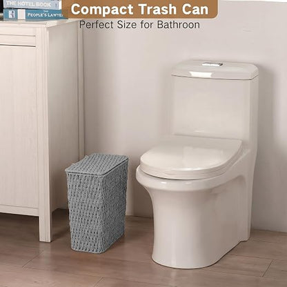 iEGrow Paper Rope Trash Can,Bathroom Trash Can with Lid, 3 Gallon Wicker Waste Basket with Removable Liner, for Bedroom, Living Room, Toilet, Under Sink Gray