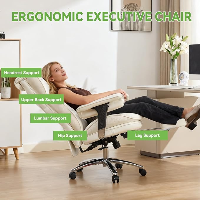 Efomao Big & Tall Executive Office Chair with Footrest - 400lbs Heavy Duty High Back PU Leather Desk Chair, Modern Ergonomic Reclining Computer Chair, White