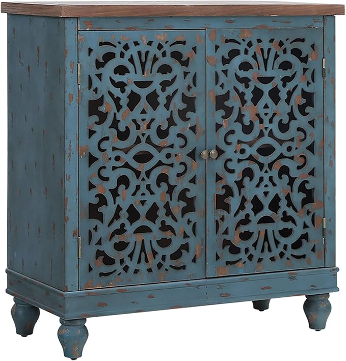 Sophia & William Accent Cabinet with Doors, Distressed Display Storage Cabinet with Wooden Frame and Hollow-Carved Floral Patterns for Entryway Living Room, Blue