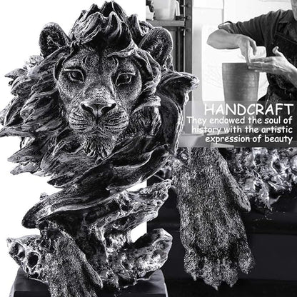 H&W Sandstone Lion Figurines - The King of Beasts - Statue Decoration for Home/Study/Living Room, Great Collectible Figurines, Best Gift for The Man, Silver Color (HH17-D3)