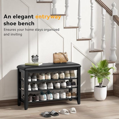 Entryway Shoe Storage Bench with Leather Cushion, Shoe Organizer Bench for Entryway, Ideal for Hallways Front Doors Entrances Mudrooms Featuring Rubberwood And 3 Height-Adjustable & Removable Shelve
