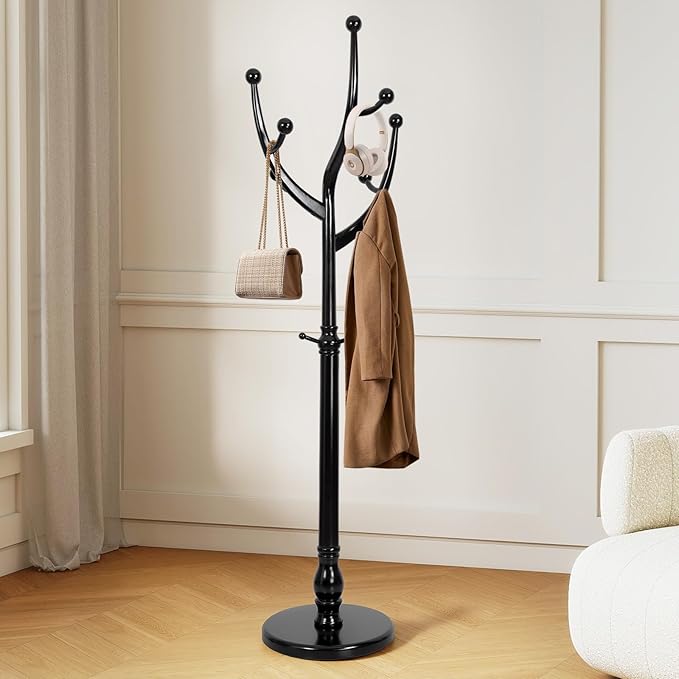 Freestanding Rubberwood Coat Rack, 11 Hooks & 16.5" Wide Round Base, Wooden Coat Rack Stand, Coat Hanger Free Standing Hall Tree for Entryway, Hallway, Bedroom, Jacket, Clothes (Black)