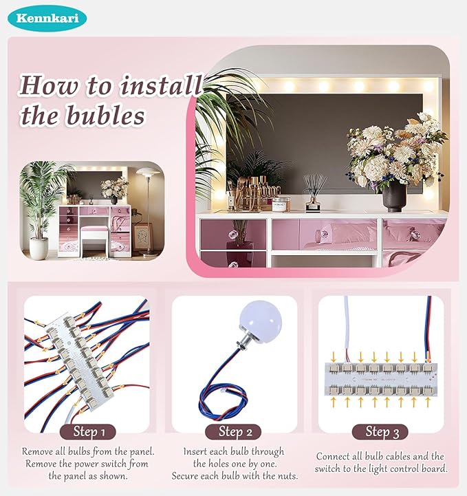 Vanity Desk with Hollywood Mirror and 9 Lights, Makeup Vanity with Drawers and Shelves, Vanity Table with Glass Top and Stool for Bedroom (Pink)