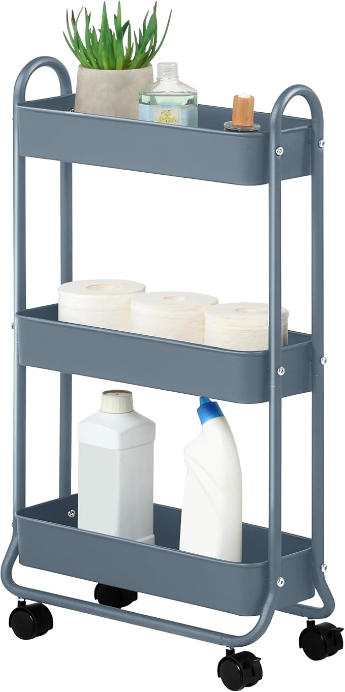SunnyPoint Slim Rolling Storage Cart, 3 Tier Bathroom Storage Organizer Bathroom, Laundry Utility Cart (Blue)