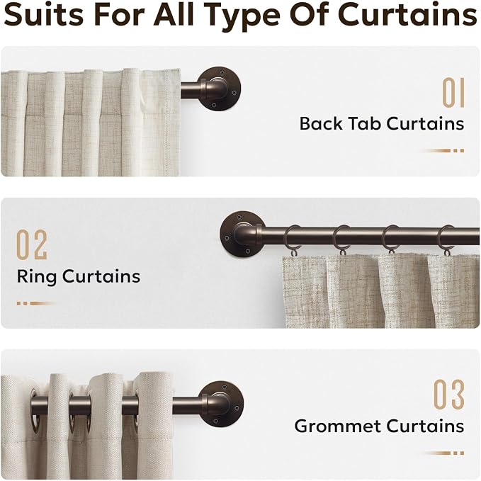 Zeerobee Curtain Rods for Windows 48 to 84, 1 Inch Industrial Wrap Around Antique Bronze Curtain Rod, Indoor/Outdoor Room Divider Adjustable Drapery Pole, 48"-86"