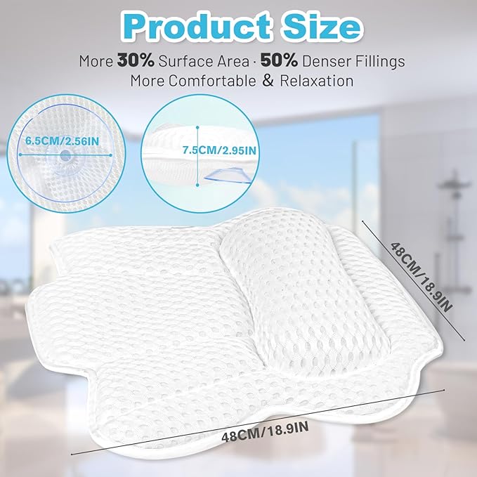 Bath Pillows for Tub, Ergonomic Bathtub Pillow for Head, Neck & Back Support, Soft Spa Cushion Washable with 4D Mesh & Non-Slip Suction Cups, Relaxing Hot Tub Accessories & Spa Gifts for Women and Men
