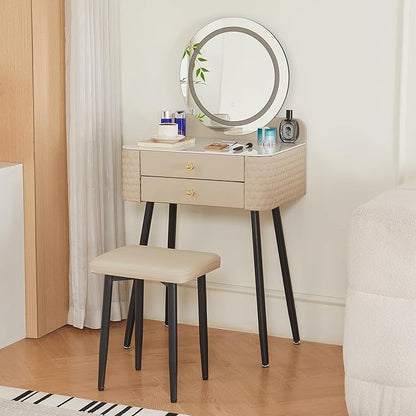Makeup Vanity with Round Mirror,Light,Two Drawers,Cushioned Stool Set.Small Dressing Table for bedrooms and Dressing Rooms.Beige-Gray