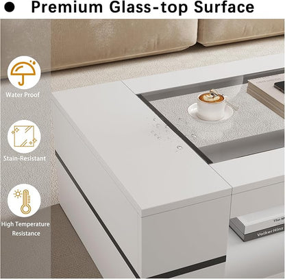 HedoAjim 47.2" Modern Stylish Coffee Table with Glass Table Top, Large Living Room Table Rectangular 2-Tier Center Tables with Storage, Wooden Tea Tables for Dining Reception Room, White