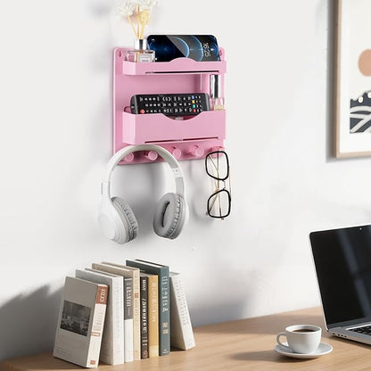 Pink Bedside Shelf Organizer - Wall Mount Phone Holder with Glasses Hook & 50 Motivational Stickers for Girls Bedroom Dorm Decor