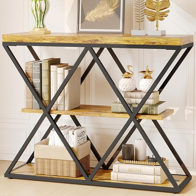 Garvee 3-Tier Entryway Table, Industrial Console Sofa Table with Storage, Accent Table with Open Shelves, X-Shaped Metal Frame, Foyer Table for Entryway, Hallway, Rustic Brown
