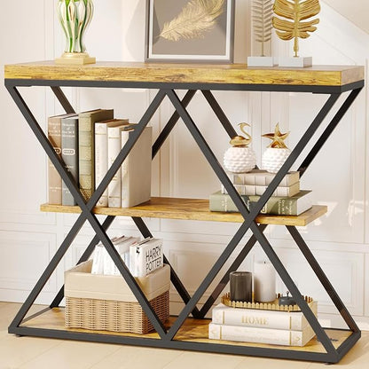 Garvee 3-Tier Entryway Table, Industrial Console Sofa Table with Storage, Accent Table with Open Shelves, X-Shaped Metal Frame, Foyer Table for Entryway, Hallway, Rustic Brown