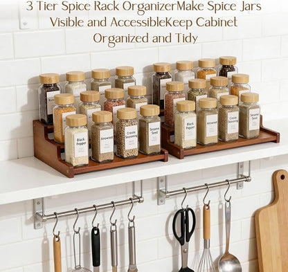 Spice Rack Organizer for Cabinet,Bamboo 12in Tiered Spice Rack，Used for Kitchen Countertops and Food Storage Room Organizer，Specially Designed for Jars and Spice Bottles (Walnut, M)
