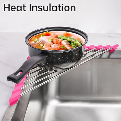 Tomorotec Triangle Roll-Up Dish Drying Rack for Sink Corner - Small, Foldable, Stainless Steel, Multipurpose Kitchen Drainer Caddy, Trivet, Rustproof Organizer, Storage Shelf (Rose)