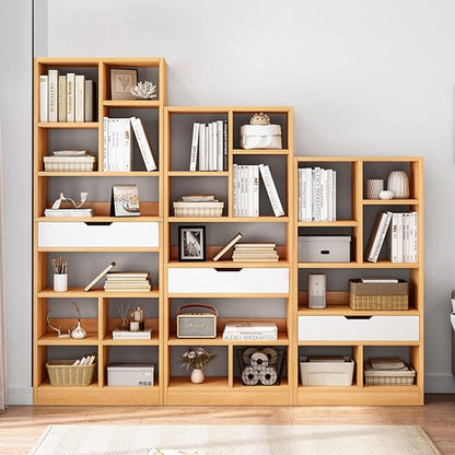 IOTXY Wooden Open Shelf Bookcase - 71 Inches Tall Freestanding Display Storage Cabinet Organizer with 10 Cubes and a Drawer, Floor Standing Bookshelf in Maple Yellow