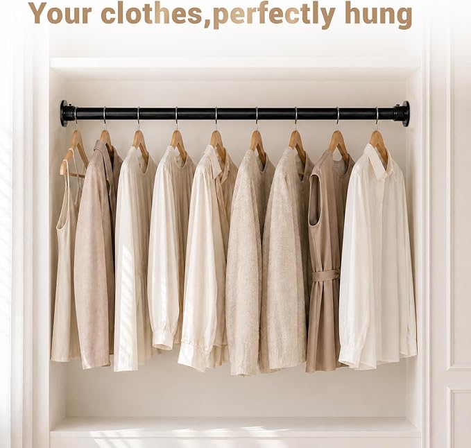 Closet Rod Adjustable 17 to 53 Inch, 1-1/4” Diameter, Closet Rods for Hanging Clothes, Stepless Metal Heavy Duty Hanging Rod for Closet Wardrobes Laundry RV (Black)