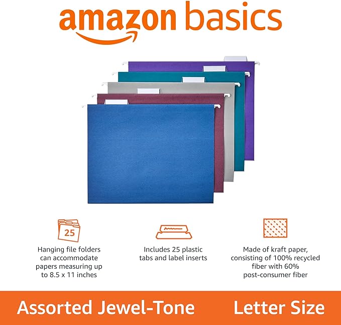 Amazon Basics Hanging File Folders with Adjustable Tabs for Document Organization, Letter Size, Assorted Jewel-Tone Colors, 25-Pack