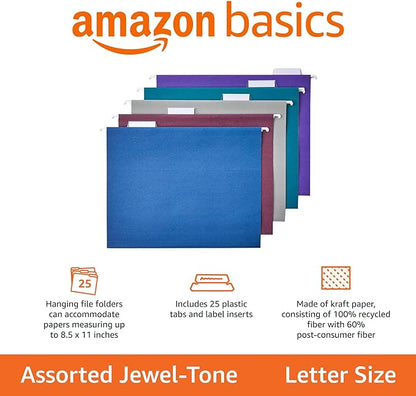Amazon Basics Hanging File Folders with Adjustable Tabs for Document Organization, Letter Size, Assorted Jewel-Tone Colors, 25-Pack