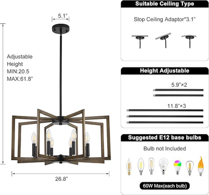 8-Light Metal Geometric Chandelier，Large Kitchen Pendant Lighting Over Island，Farmhouse Dining Room Light Fixture，Wood Grain Finish and Black Modern Chandelier
