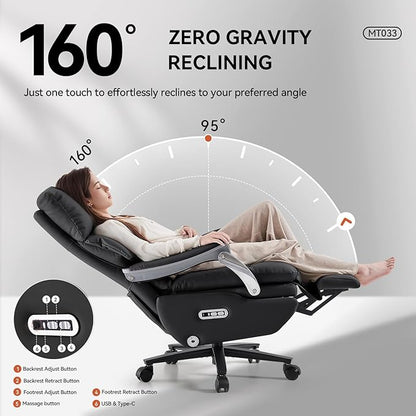EMIAH Ergonomic Office Chair with Foot Rest Electric Executive Office Chair Reclining with Massage Big and Tall High Back Computer Chair with Wheels, Genuine Leather (Black)
