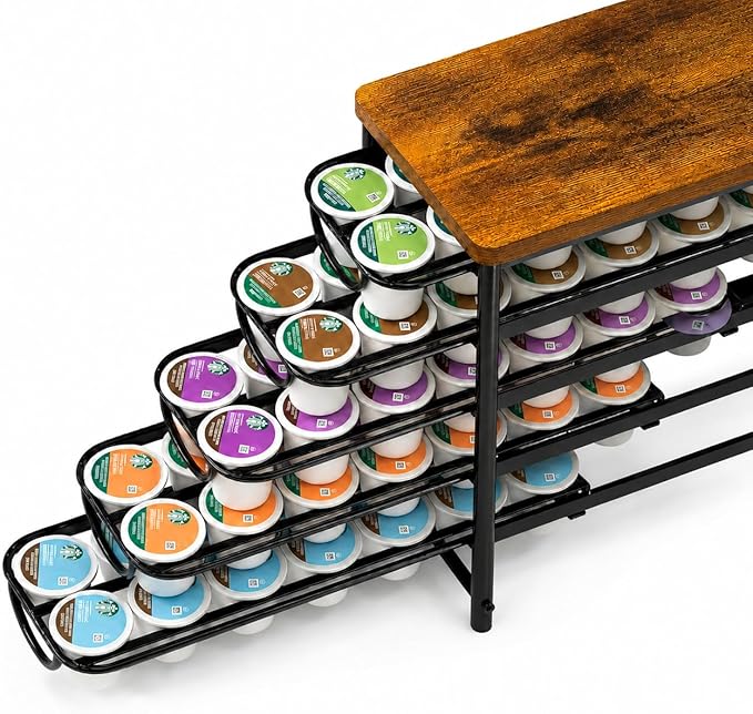 HFHOME Coffee Pod Holder with Wooden Top, Compatible with K-Cups, 5-Tier Coffee Capsule Storage Drawer, 70 Capacity Pods Organizer with 3 Mug Holders, for Home, Office, Kitchen Counter, Black