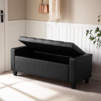 Ottoman with Storage，Storage Ottoman Bench, Storage Bench for Bedroom with Safety Hinge，Bedroom Benches with Seating for Living Room, Entryway (Black-PU)