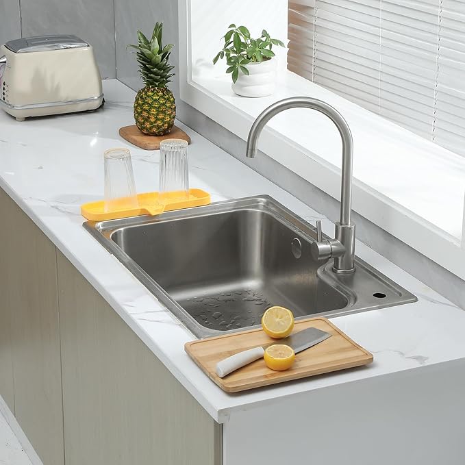 MicoYang Silicone Soap Dish with Drain Spout — Self-Draining Double Sink Organizer Tray for Kitchen & Bathroom, Dispensers, Sponges & Soap Holder, Non-Slip & Dishwasher Safe, Yellow (Large, 12"×4")