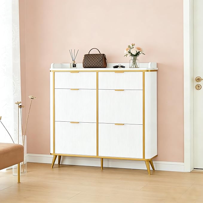 Shoe Cabinet with 4 Flip Drawers and 2 Drawers, Modern Fluted Wood Shoe Storage with Adjustable Shelves, Narrow Slim Shoe Organizer for Entrance, Foyer, Hallway, White