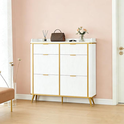 Shoe Cabinet with 4 Flip Drawers and 2 Drawers, Modern Fluted Wood Shoe Storage with Adjustable Shelves, Narrow Slim Shoe Organizer for Entrance, Foyer, Hallway, White