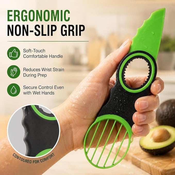 3-in-1 Avocado Slicer Tool & Stainless Steel Pitter | Multifunctional avocado cutter, peeler, and scooper with a non-slip grip. Top-rack dishwasher safe for easy cleaning.