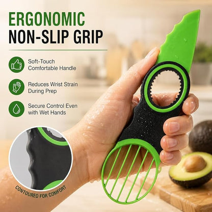 3-in-1 Avocado Slicer Tool & Stainless Steel Pitter | Multifunctional avocado cutter, peeler, and scooper with a non-slip grip. Top-rack dishwasher safe for easy cleaning.